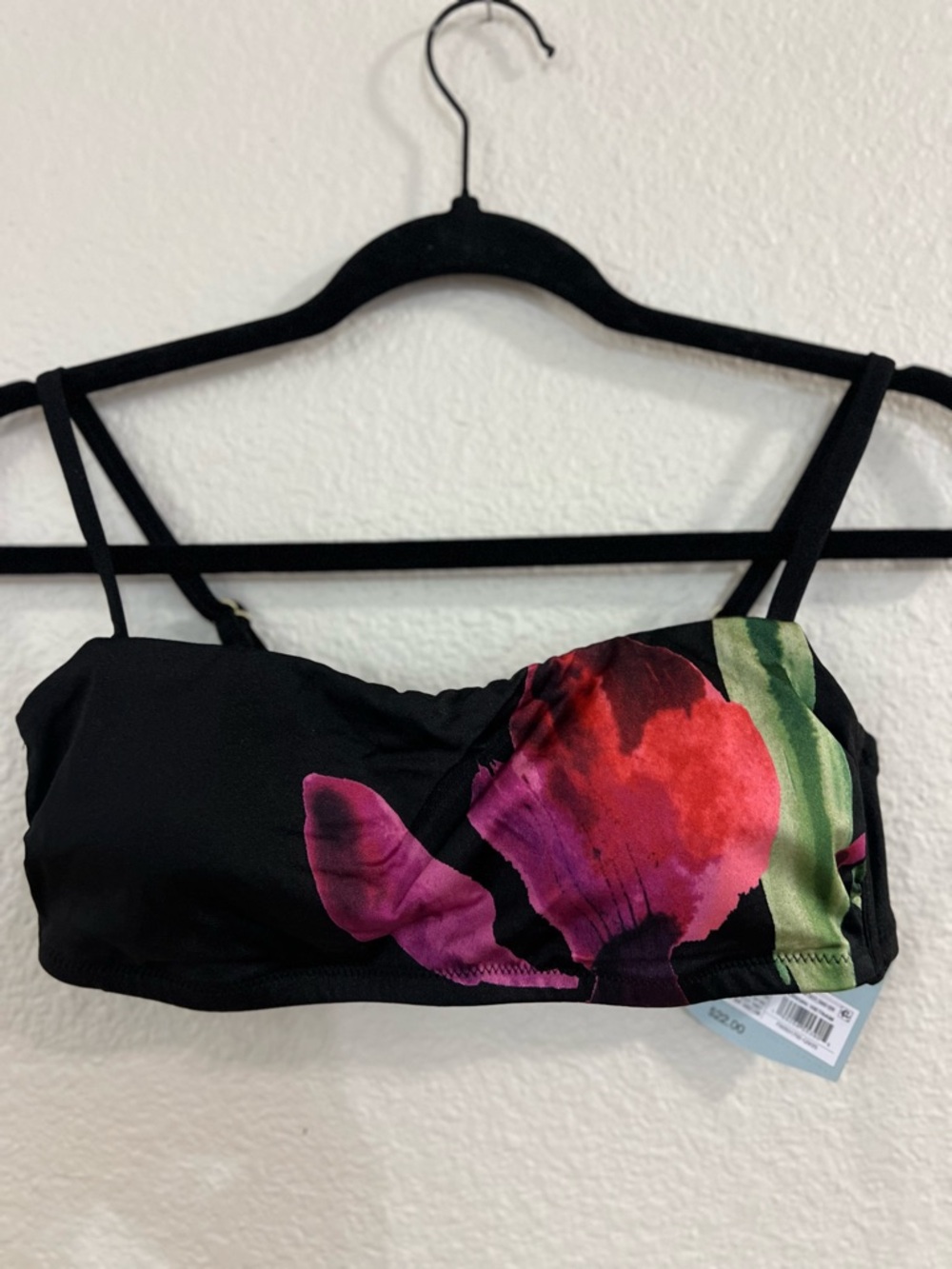 Shade & Shore Black Bandeau Swim Top with Red Pink and Green Floral
